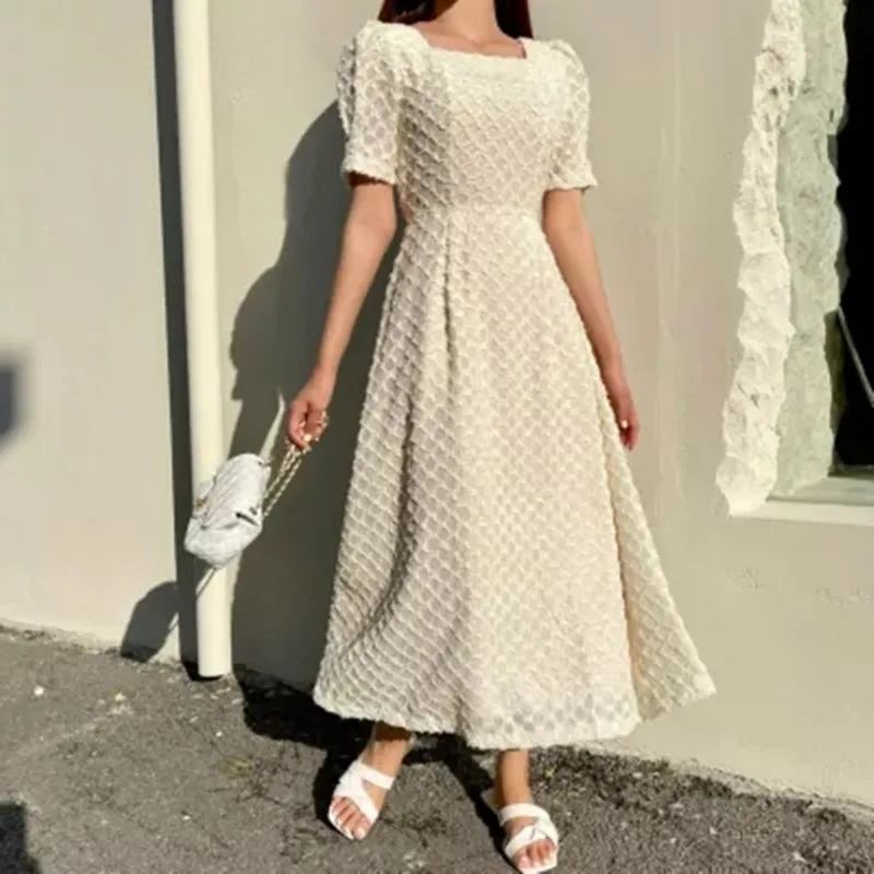 Women's Summer New Fashion Square Neck Dress Ladies Puff Sleeve Elegant Lace Temperament Slim Waist Big Swing Dress