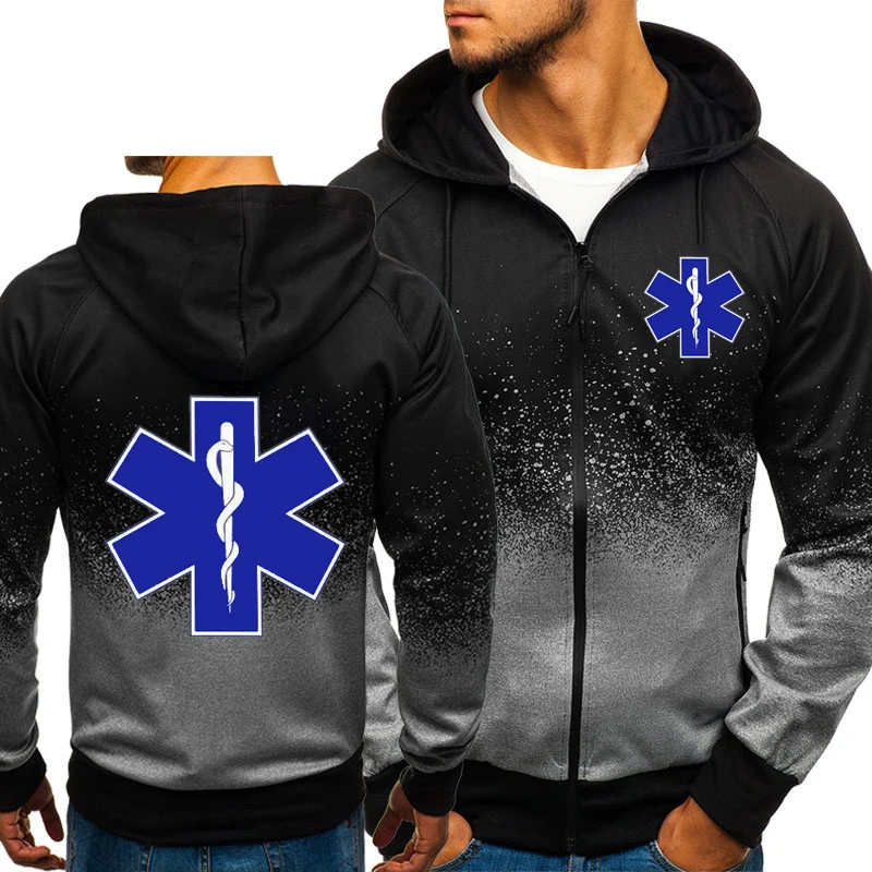 Men's Jacket EMT Emergency Ambulance Print Casual HipHop Harajuku Gradient Color Hooded Sweatshirts Zipper Hoodies Man Clothing