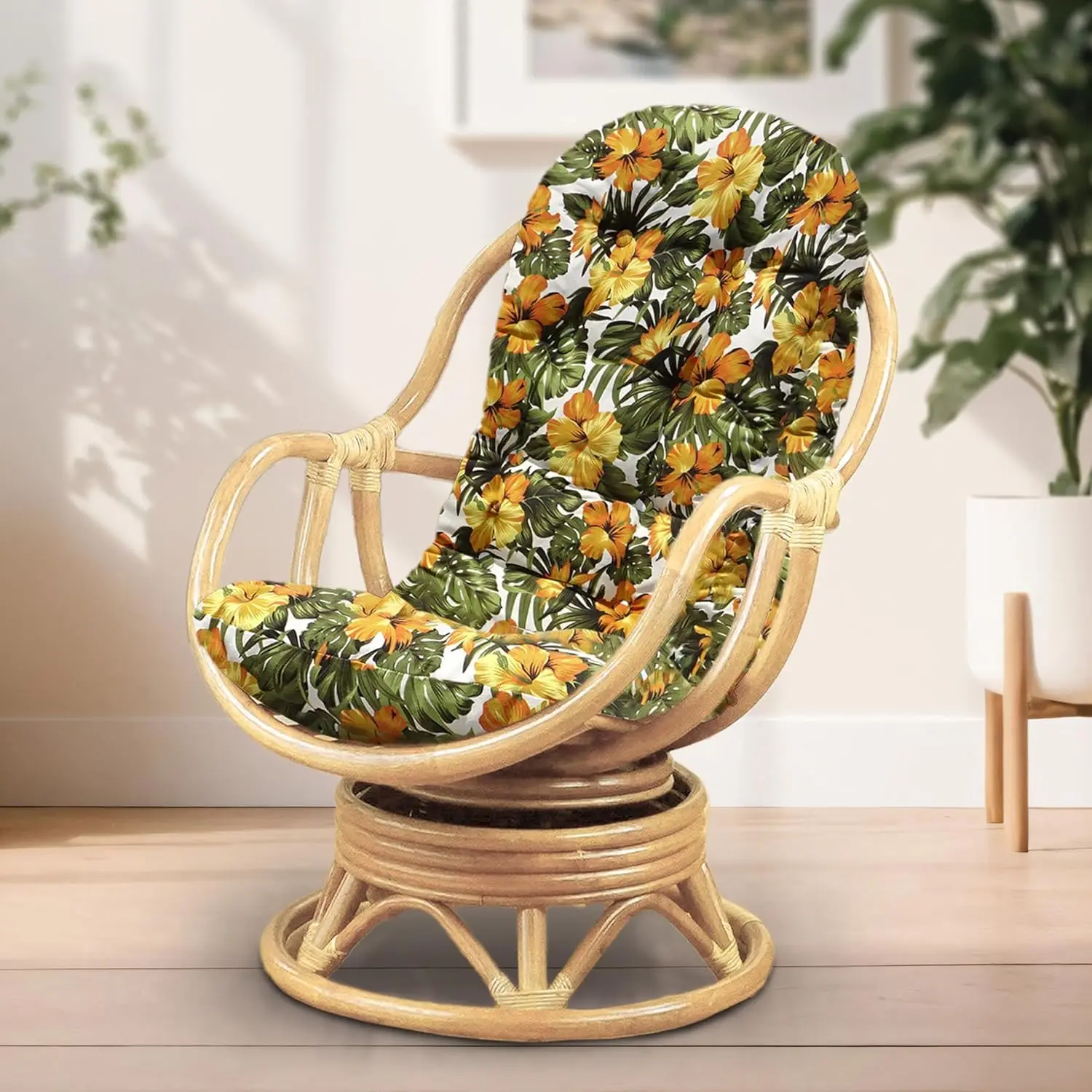 Bali Lounge Drehstuhl mit Blumen kissen natürliche Rattan Korb weide hand gefertigt, natürliche Farbe