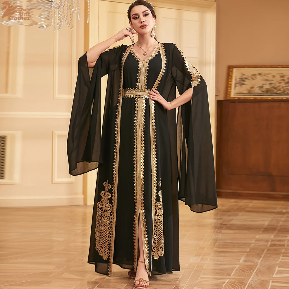 

Мусульманский женский шифоновый комплект из двух предметов с блестками, женский комплект из двух предметов с удлиненными рукавами, Джалабия, Рамадан, марокканский, Дубай, стильный, 2025 г.