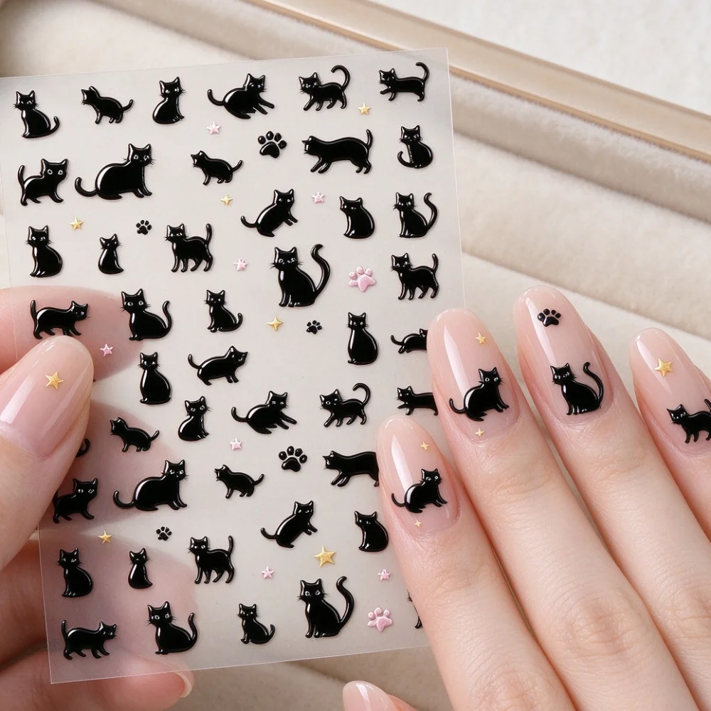 5D Relief Black Cat Nail Stickers Kawaii Cartoon Kitten Paw Print Gold Star Nail Art Decals Little Black Cat Animal DIY Manicure