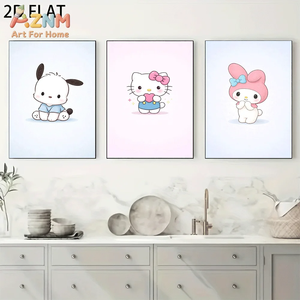 AZNM Sanrio Pochacco Hello Kitty My Melody Canvas Wall Art Unframed Cute Cartoon Soft Pastel Character Print Painting Kids Bedro