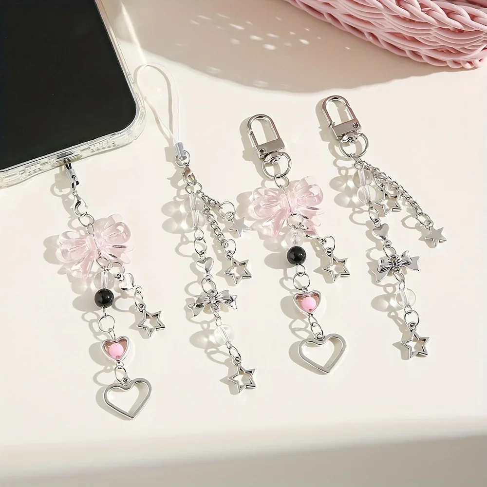 Fashion Y2K Love Pink Bead Bow Lanyard Door Buckle Mobile Phone Strap Key Chain Pendant Key Chain Five-Pointed Star Key Chain