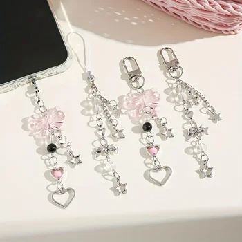 ファッション Y2K 愛ピンクビーズ弓ストラップドアバックル携帯電話ストラップキーチェーンペンダントキーチェーン五芒星キーチェーン