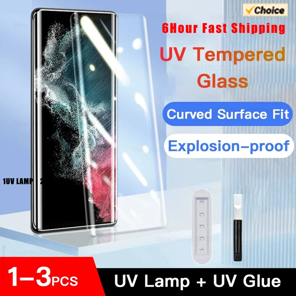 Full Screen Glue UV Tempered Glass for Samsung S24 S23 S22 S21 S20 Ultra Plus Super Fast Unlock on Samsung S24 Ultra S8 9 10Plus