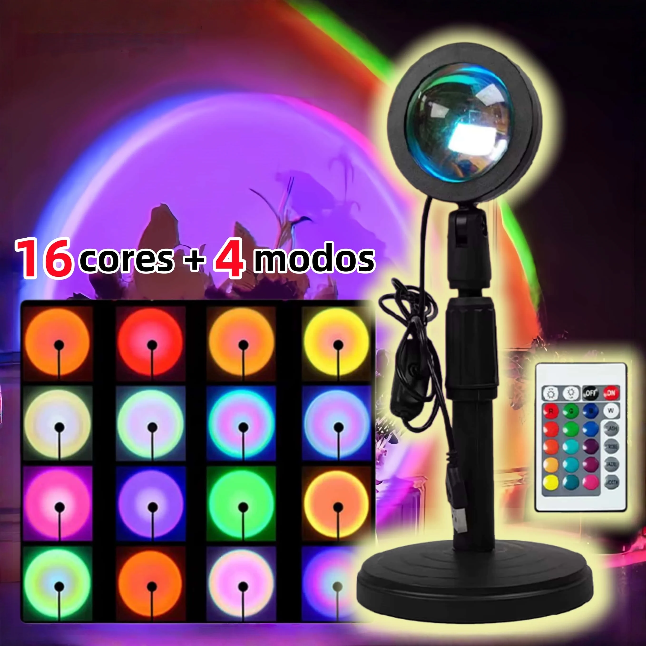 Luminária de Mesa Abajur com Projeção de Pôr do Sol – LED USB, 16 Cores Ajustáveis para Decoração de Quarto