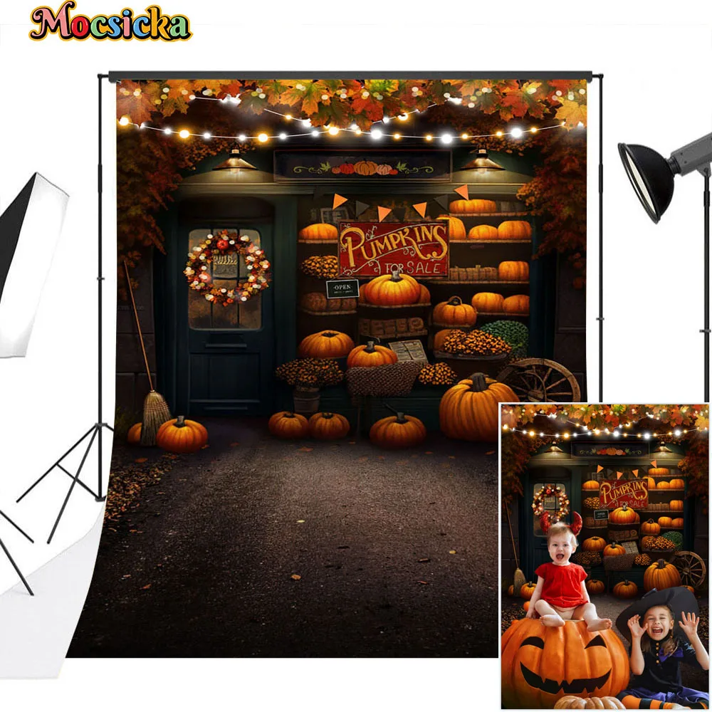 

Halloween Retro Pumpkin Shop Background Maple Leaf Light Decoration Birthday Party Backdrop Children Cake Smash Studio Photozone