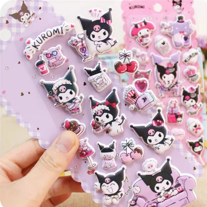 سانريو الكرتون لطيف Kuromi ثلاثية الأبعاد منتفخ ملصقات ماجيك الصليب خلع الملابس ملصق لغز لعبة ملصق مائي سجل القصاصات الهاتف القرطاسية الديكور