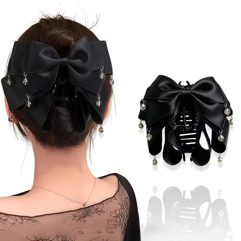 1 Stück künstlicher Kristallanhänger und mehrschichtige Stoffschleife, Acryl-Haarspange, eleganter Quastenanhänger für Damen, Haarspange mit Schleife. – Detail 8