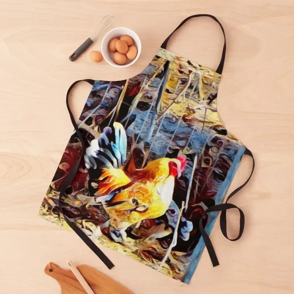 Colorful Rustic Country Rooster Chicken , red, yellow, aqua and blue Photo artby Sandy Closs Apron