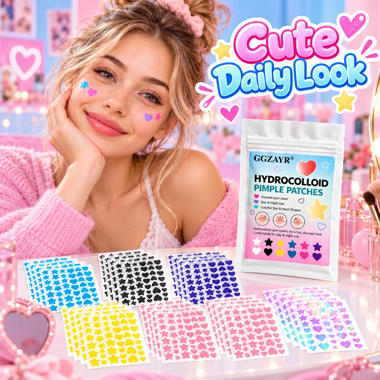 1164PCS Hydrocolloid Pimple Patches, Star Heart Shape Acne Stickers, Cute Colorful Face Spot Cover Stickers for Girls Daily Care