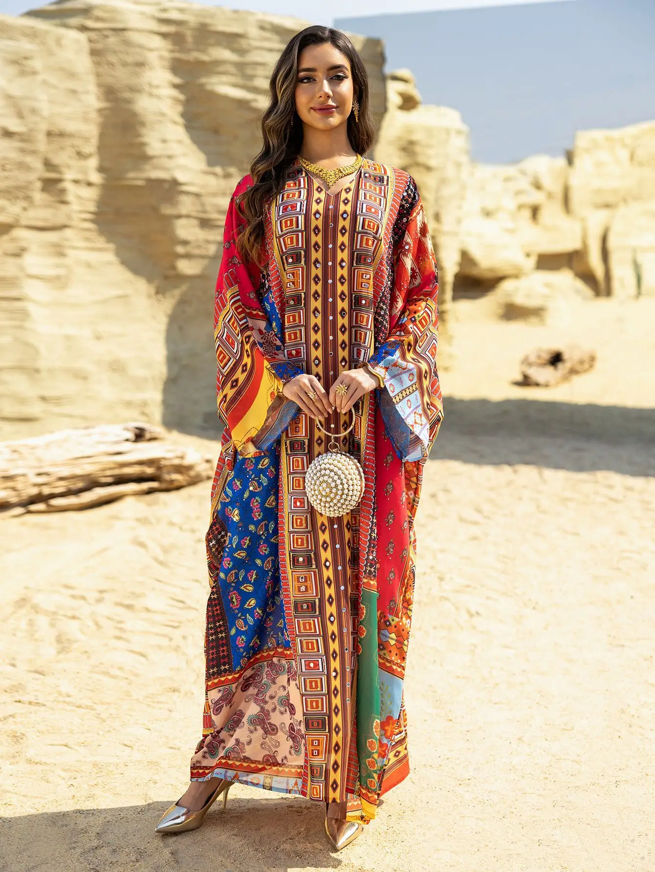 Eid Frauen Kleid Abaya Drucken Diamant Kaftan Muslimischen Vestidos Largos Party Lange Kleider Robe Jalabiya Ramadan Marokko Dubai Kaftan