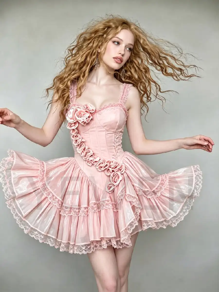 Pink Lace Strap 3D Floral Corset Mini Princess Dress WT268014 view 5