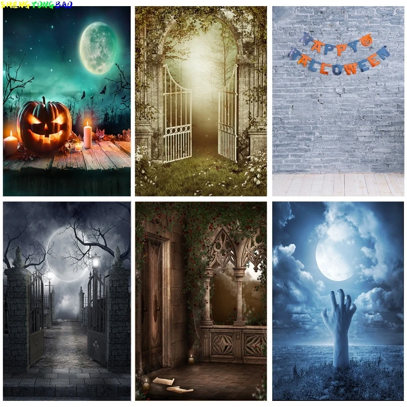 

Halloween Backdrop Pumpkin Lantern Castle Forest Moon Tombstone Baby Photography Background For Photo Studio Props 21819 NG-01