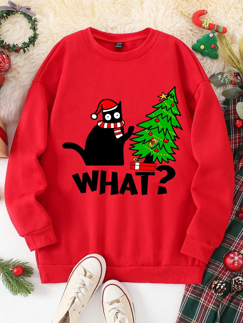 Christmas Sweatshirt Women What Black Cat Printing Casual Hoodie Crewneck Loose Fleece Pullover Winter Warm Tops Woman Clothes