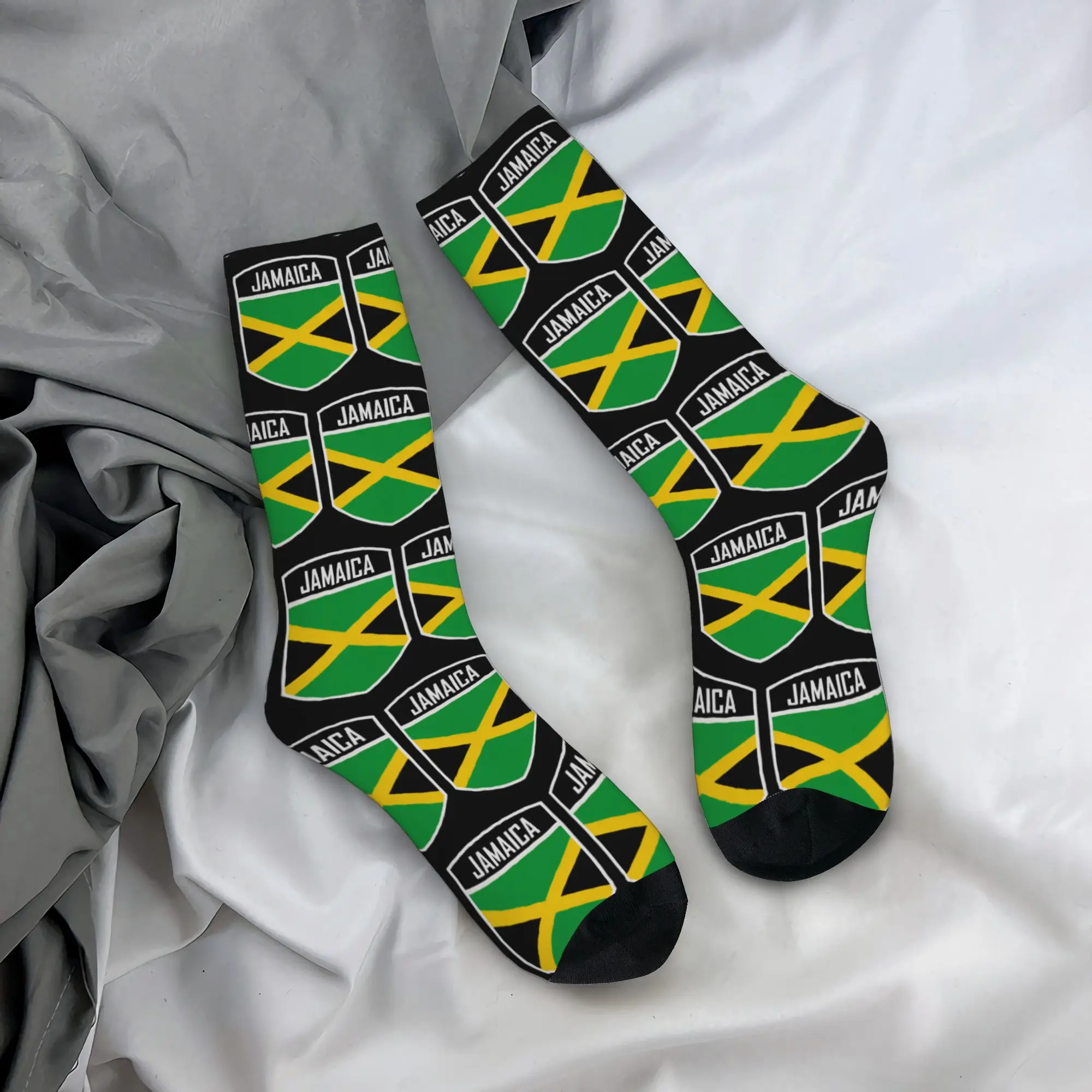 Jamaica Flag Shield Badge Emblem Graphic Stockings  Korean Socks Men Soft Breathable Socks Winter Running Anti Sweat Socks