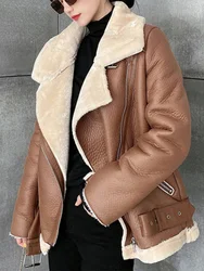 LY VAREY LIN inverno donna capispalla spessa calda cappotto in ecopelle di agnello Moto Outwear moda lana parka collo di pelliccia giacca con cerniera