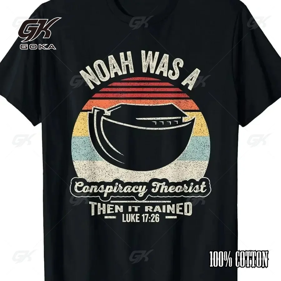 Noah Was A Conspiracy Theorist Christian T-Shirt Funny Retro Sunset Graphic Casual Cotton Short Sleeve Tee Crew Neck Top