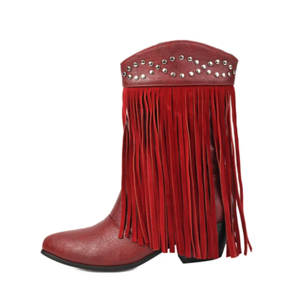 

2025 Tassels Female Mid Calf Boots Round Toe Chunky Heels 5cm Pull on Large Size 41 42 43 Rhinestone Stylish Dating