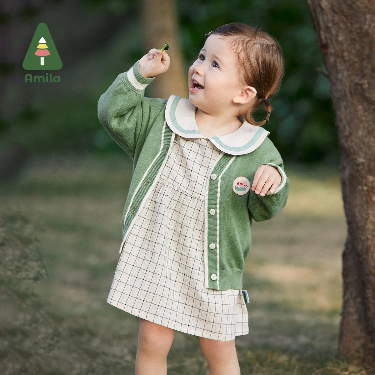 Amila Baby Girl Clothing Set 2023 Spring New Long Sleeves Cardigan Turn-down Collar Plaid Dress Kids Sweet Casual Suit 0-6 Years