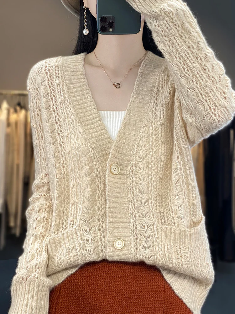 

Addonee Autumn Winter Women’s V-neck Cardigan 100% Merino Wool Hollow Twist Long Sleeve Cashmere Knitted Sweater Korean Fashion