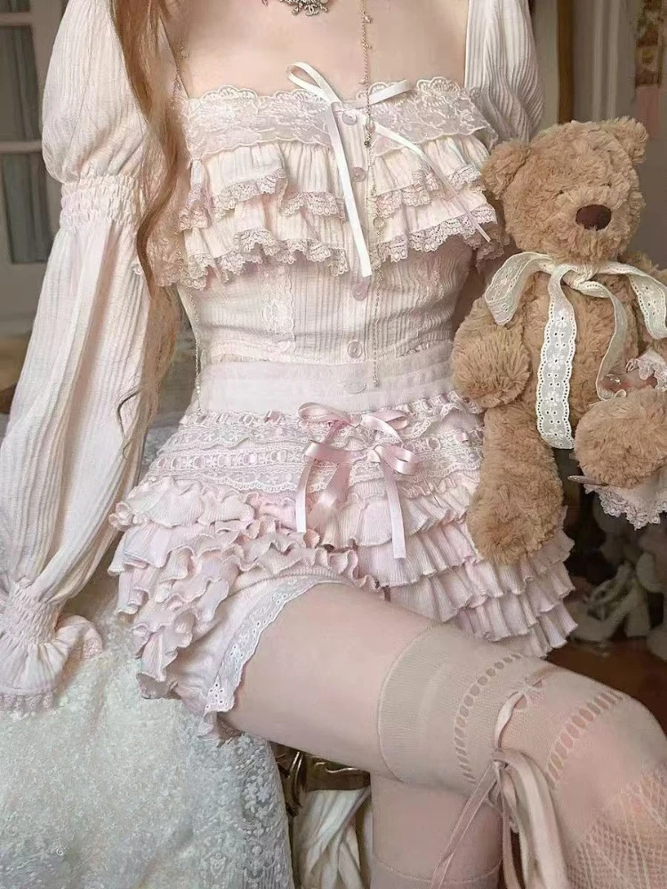 

Kawaii новые милые футболки с длинными рукавами, женские дизайнерские повседневные кружевные лоскутные кукольные рубашки с бантом, модная милая тонкая одежда в стиле Лолиты