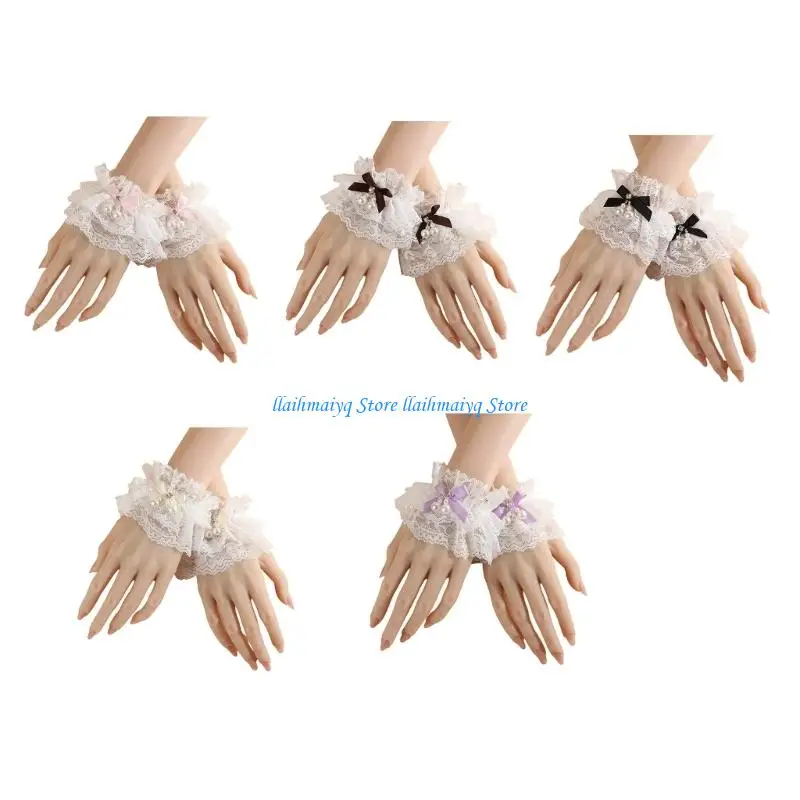 

573B Elegant Lace Arm Sleeves With Pearls Bowknot Decors Wrist Cuffs Sleeves For Women