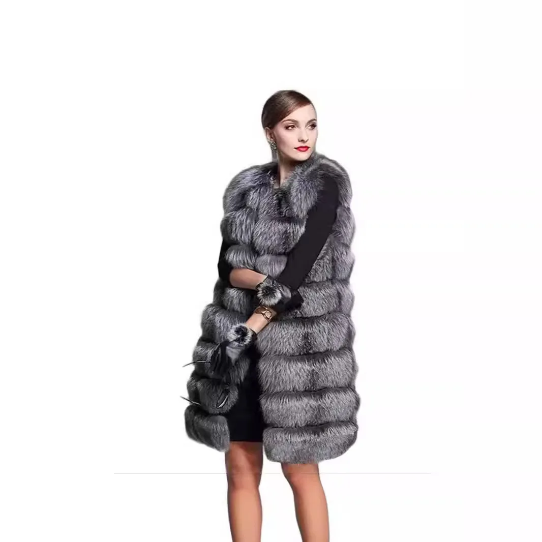 

Coat Long Over The Knee Lady Fur Jacket Cool Gradient Winter Women Mink Fur Vest Round Neck Plaid Sleeveless Female Faux Fox Fur