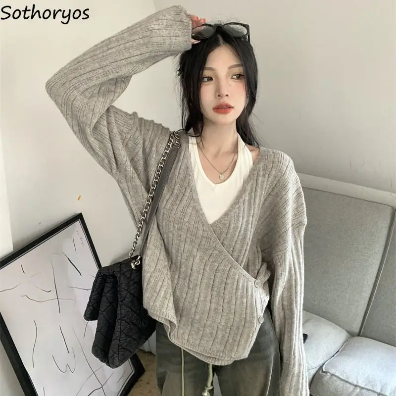 Pullovers Women Gentle V-neck Korean Irregular Buttons  Design Baggy Ulzzang Vibe Leisure Chic Sweet Autumn Knitting OOTD