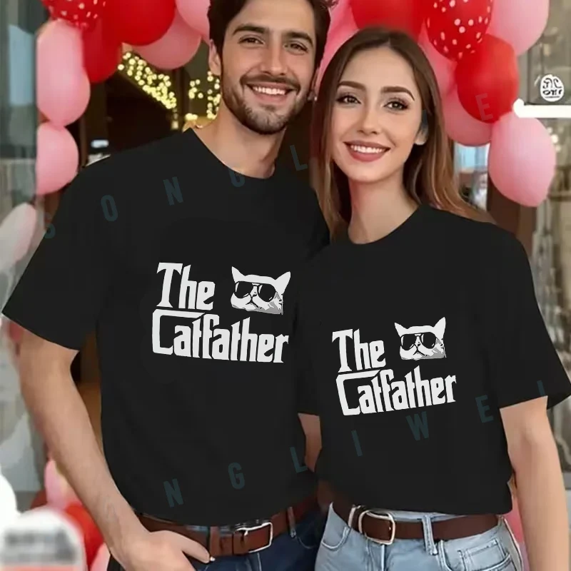

Funny The Catfather Print & Cat Face Design T-shirt Men's And Women's Summer New Casual Tee Short-sleeved Fashion Moto Top