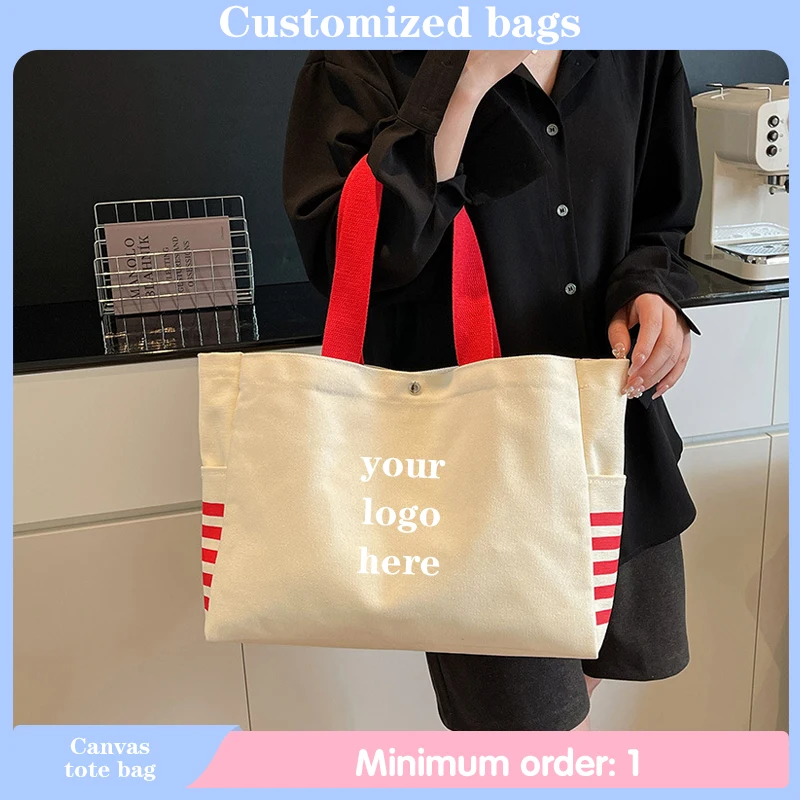 Custom Logo Canvas Tote Bag with Buckle Foldable and Reusable Suitable for Shopping Commuting Traveling All-match Shoulder Bag