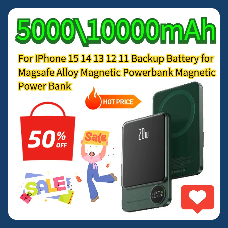 

For IPhone 15 14 13 12 11 Backup Battery for Magsafe 5000\10000mAh Alloy Magnetic Powerbank Magnetic Power Bank