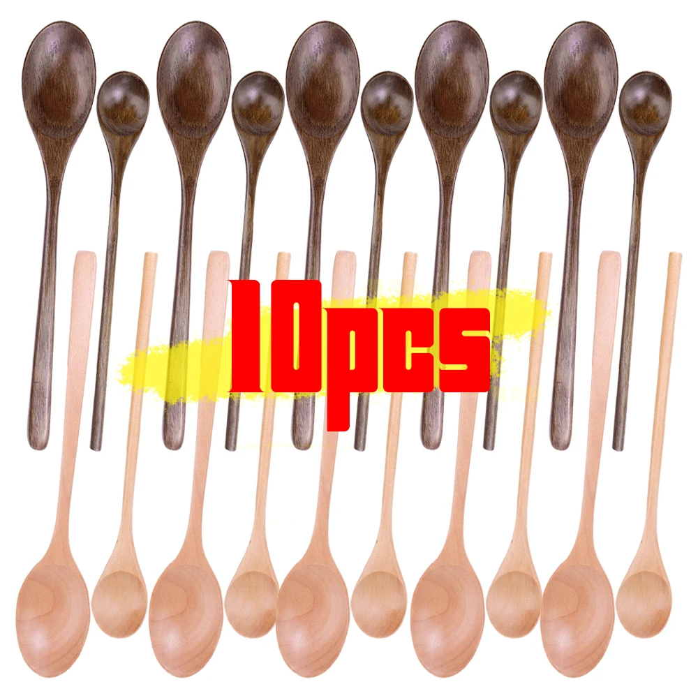 1-10pcs Kitchen Long Handle Wooden Spoon Soup Spoons Coffee Milk Stirring Spoon Honey Teaspoon Home Kitchen Tableware Accessorie