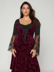 Women's 2-in-1 Dresses Lace Flare Sleeves Velvet Embossed Dress with Lace-Up Front and Rose Floral Pattern A-Line Dress