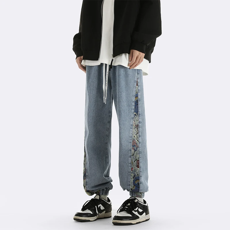 

Men's Denim Jeans Spring Autumn Bear Patchwork Cuffed Casual Pants American High Street Vibe Trendy Youth Thiened Jeans