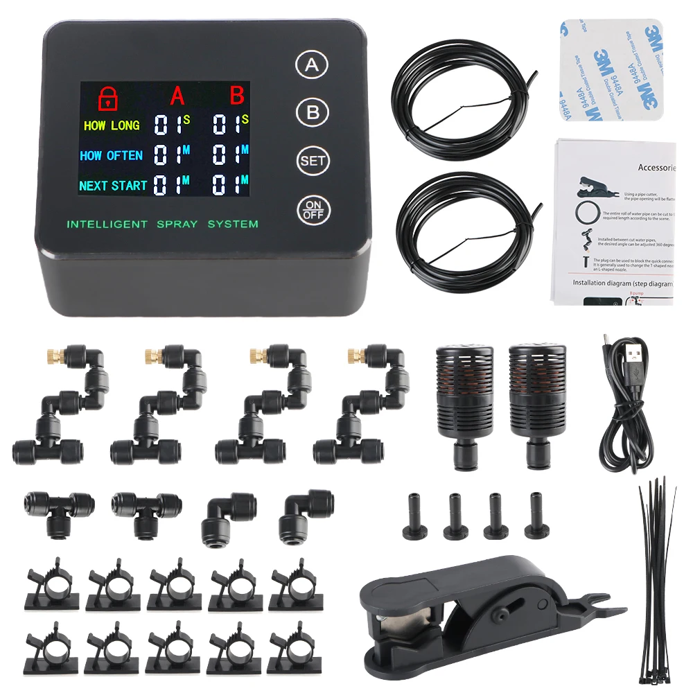 

Система таймера орошения, электронный набор распыления, двойной насос, 4 распылительные насадки, 10 м, система распыления шланга для полива ​ Автоматическое устройство