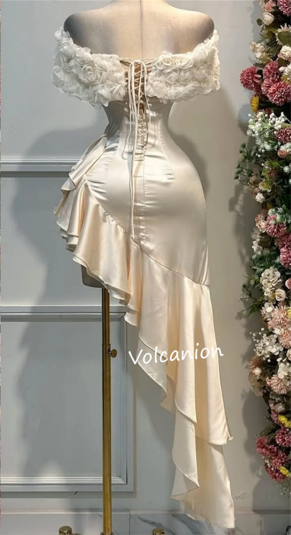 Customized Formal Fashion Charmeuse Applique Ribbon Ruffle Asymmetrical Off-the-shoulder Midi Dresses Bespoke Occasion