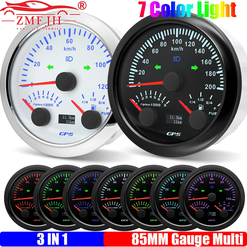 

ZMFJH Auto Car Boat 120KMH,200KMH GPS Speedometer+Tachometer+Fuel Level Meter 0-190ohm 7 Color Light High Beam Mileage Turn Ligh