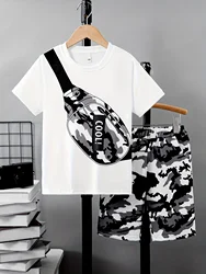 Two Boys Casual Camo Bag Print Short Sleeve T-shirt and Camo Shorts Set for Comfortable Summer Boys Clothing