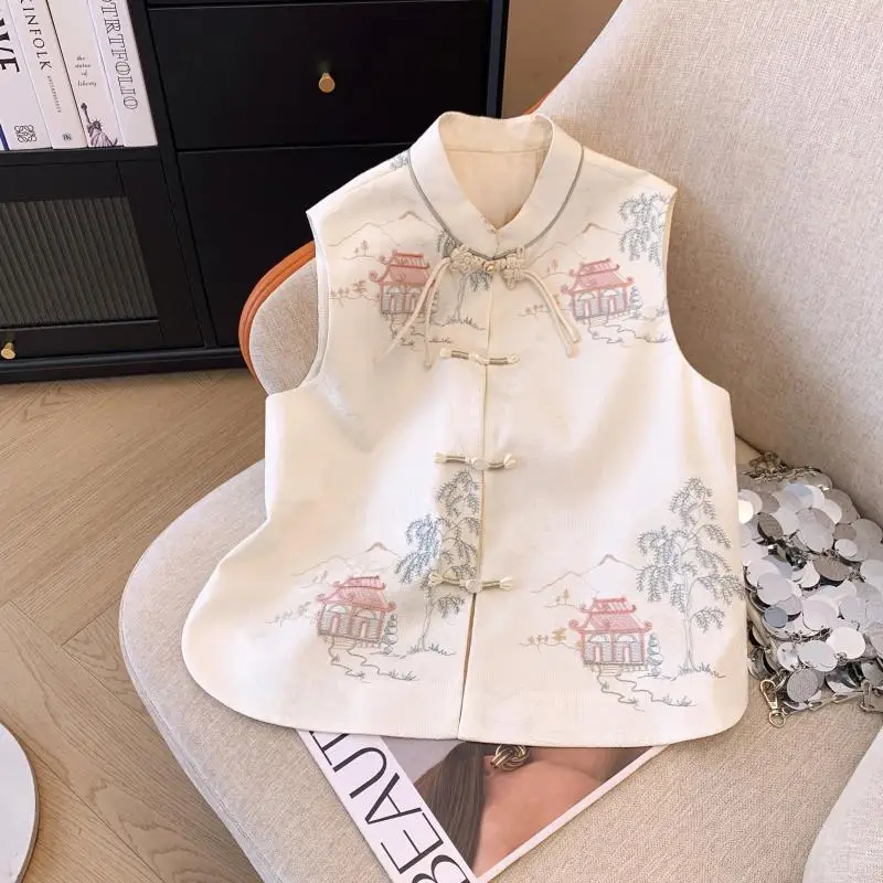 2024 Spring and Autumn Chinese Style Minimalist Basic Vest Loose Sleeveless Standing Collar Cardigan Printed Women\'s Jackets Top