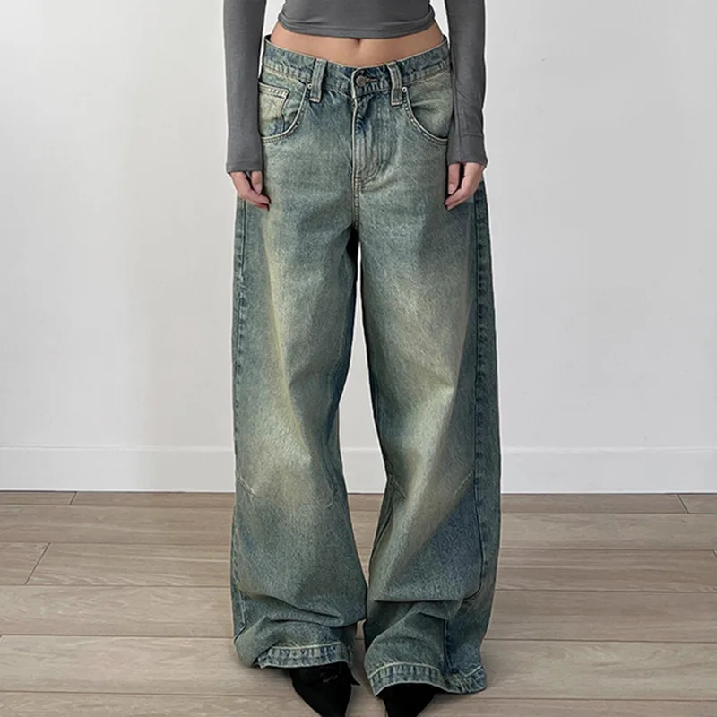 Low Waist Distressed Classic American Style Loose Fit Solid Color Denim Jeans for Women Casual Pants