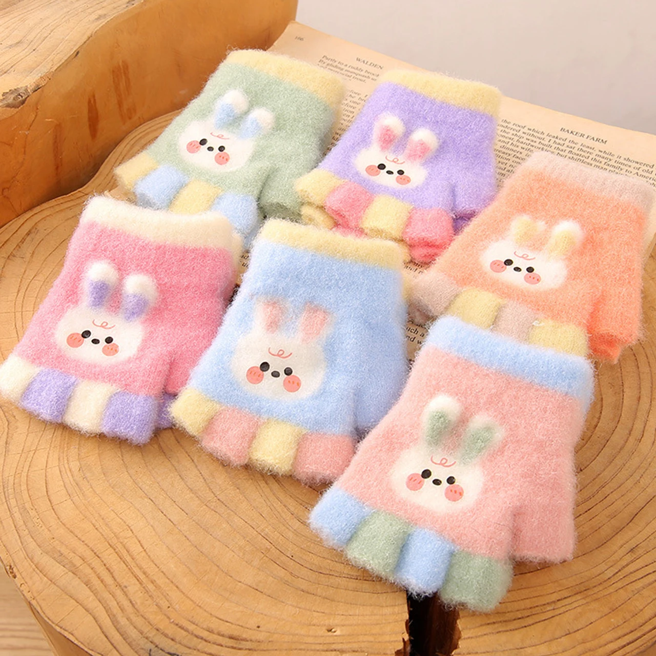 Winter Thick Cute Cartoon Gloves For Baby Woolen Open-Finger Glove Warm Kids Half Finger Mittens 0-3Year Toddler Handguard