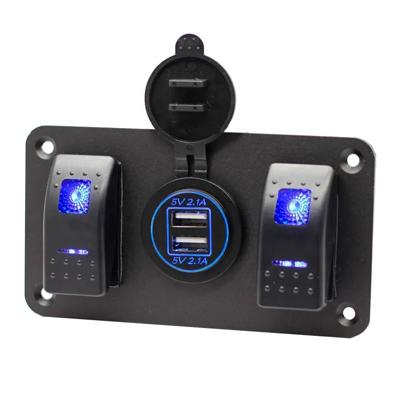 

2 Gang Panel 4.2 Amp Dual USB Charger Waterproof 12V 24V DC Rocker Switch With Night Glow Stickers