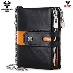 HUMERPAUL Genuine Leather Men's Wallet Fashion Quality Travel Purse Rfid Protect Credit Card Holder Wollst for Men with Chain