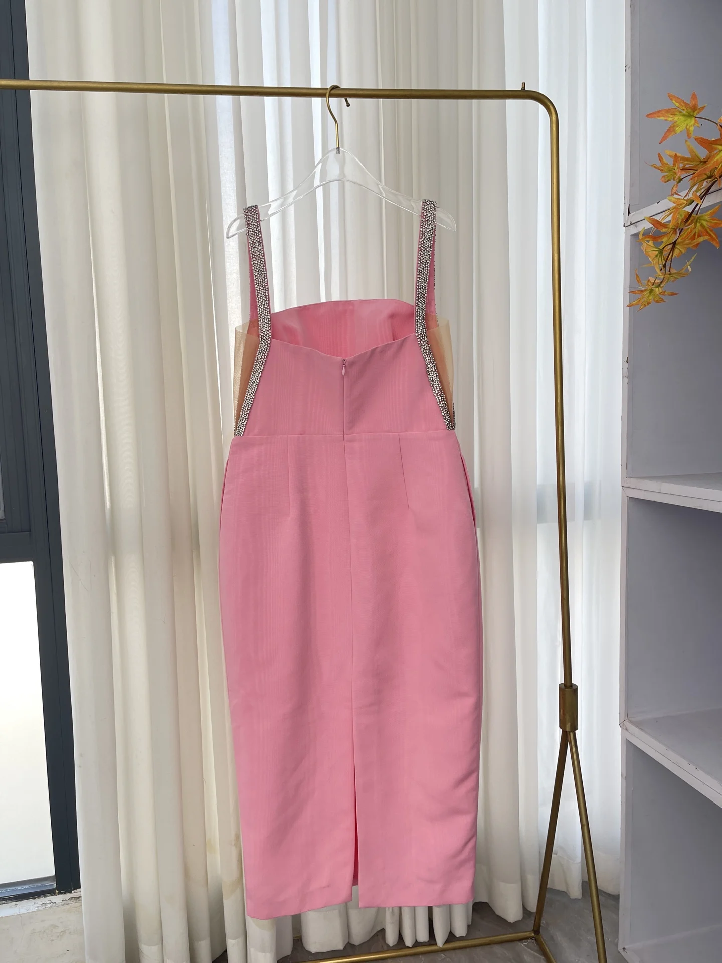 

Fitted Silhouette Pink Rhinestone Embellished Straps Side Pleats Back Slit Midi Dress