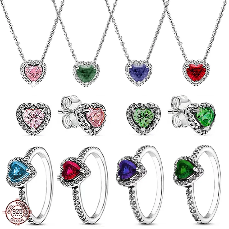 Popolari orecchini in argento sterling 925 a forma di cuore con anello da donna in cristallo colorato adatti a regali di gioielli originali e squisiti