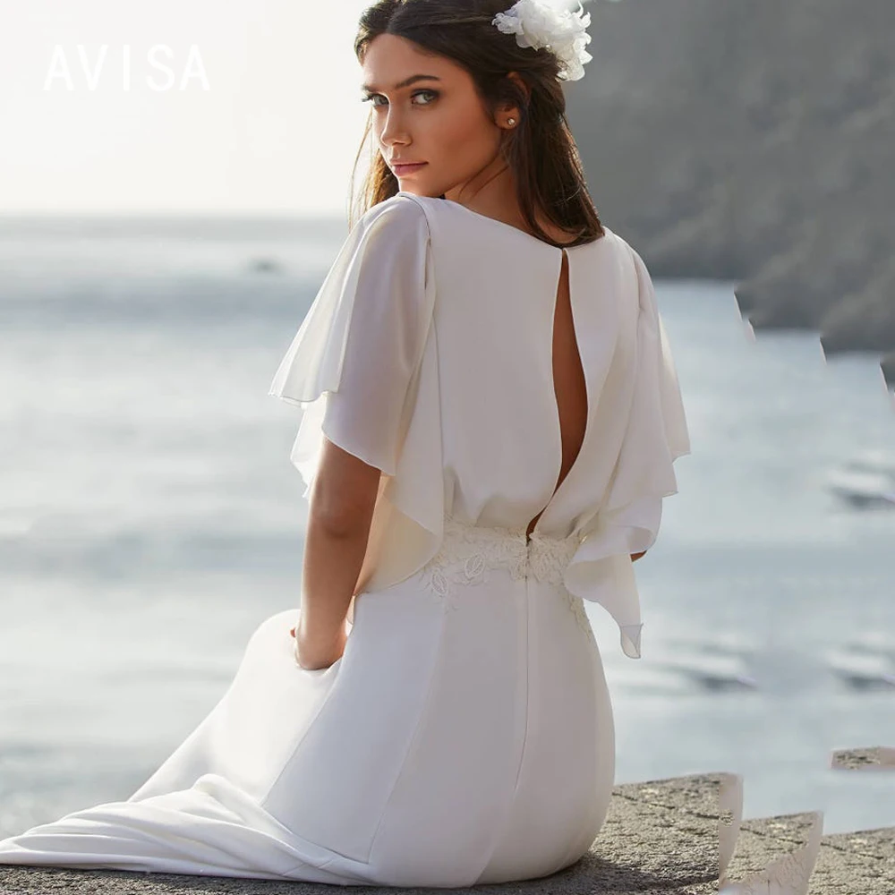 Robes de mariée en mousseline de soie à col en V pour femmes, appliques simples, manches chauve-souris, patients de plage, quelle que soit la robe de mariée