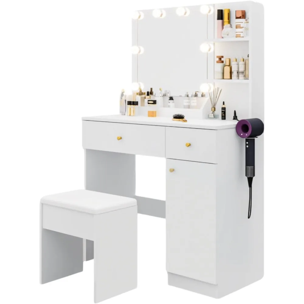 طاولة تزيين مع مرآة وإضاءة، لمبات LED قابلة للتعتيم، درجين، خزائن جانبية، 3 أرفف تخزين