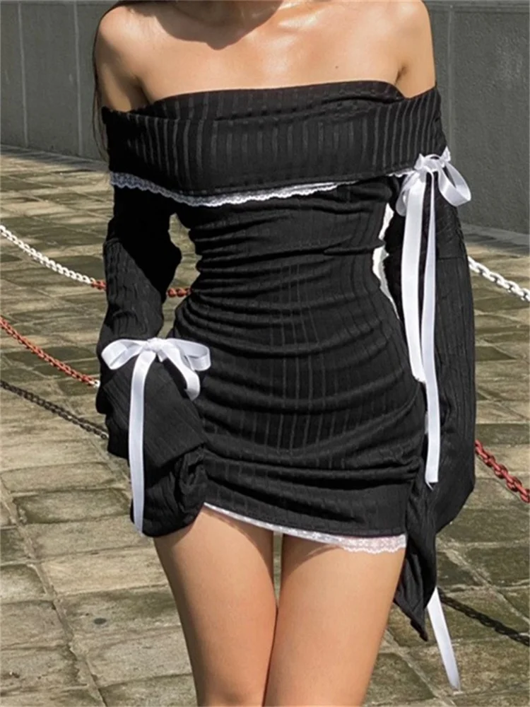 

CHRONSTYLE Lace Patchwork Short Mini Dresses Party Clubwear Long Sleeve Off Shoulder Ribbed Lace-up Pencil Dress Female Vestidos