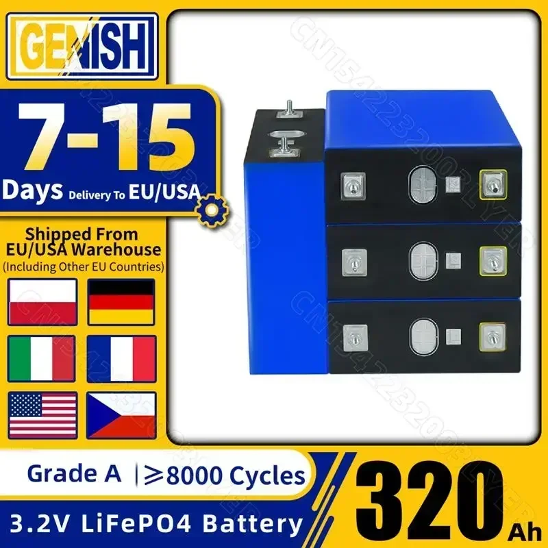 

US.EU Grade A 320Ah LiFePO4 Battery 8000 Cycles 3.2V Rechargeable Lithium Iron Phosphate Cell DIY 12V 24V 48V RV Vans Golf Cart